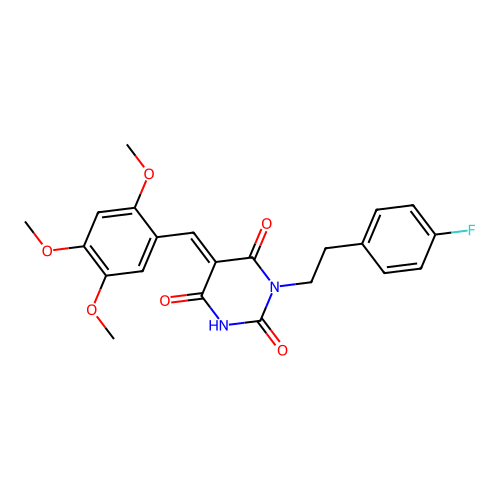 (E)-1-(4-fluorophenethyl)-5-(2,4,5-trimethoxybenzylidene)pyrimidine-2,4,6(1H,3H,5H)-trione structure