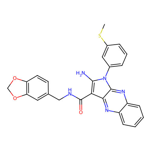 2-amino-N-(1,3-benzodioxol-5-ylmethyl)-1-(3-methylsulfanylphenyl)pyrrolo[3,2-b]quinoxaline-3-carboxamide structure