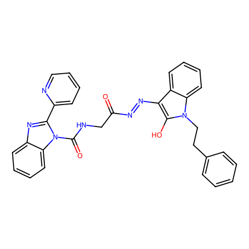 (Z)-N-(2-oxo-2-(2-(2-oxo-1-phenethylindolin-3-ylidene)hydrazinyl)ethyl)-2-(pyridin-2-yl)-1H-benzo[d]imidazole-1-carboxamide structure