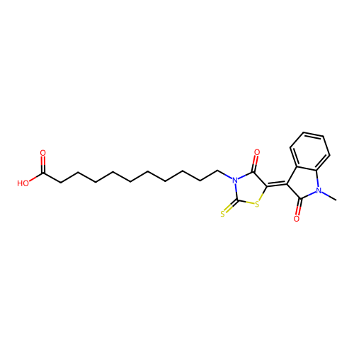 11-[(5Z)-5-(1-methyl-2-oxo-1,2-dihydro-3H-indol-3-ylidene)-4-oxo-2-thioxo-1,3-thiazolidin-3-yl]undecanoic acid structure