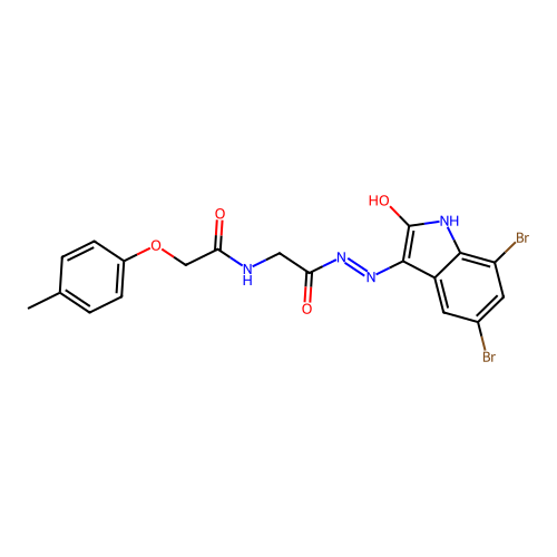 N-[[(5,7-dibromo-2-oxo-indol-3-yl)amino]carbamoylmethyl]-2-(4-methylphenoxy)acetamide structure