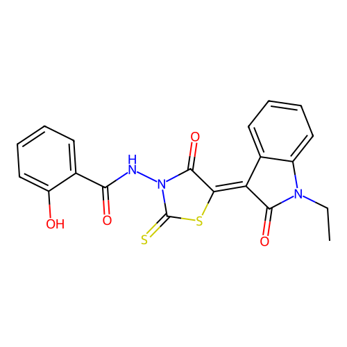 N-[(5Z)-5-(1-ethyl-2-oxo-1,2-dihydro-3H-indol-3-ylidene)-4-oxo-2-thioxo-1,3-thiazolidin-3-yl]-2-hydroxybenzamide structure