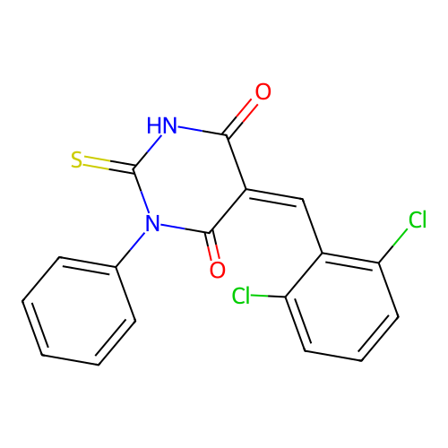 (5Z)-5-(2,6-dichlorobenzylidene)-1-phenyl-2-thioxodihydropyrimidine-4,6(1H,5H)-dione structure