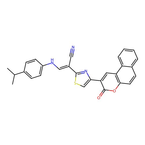 (2E)-2-[4-(3-oxo-3H-benzo[f]chromen-2-yl)-1,3-thiazol-2-yl]-3-{[4-(propan-2-yl)phenyl]amino}prop-2-enenitrile structure
