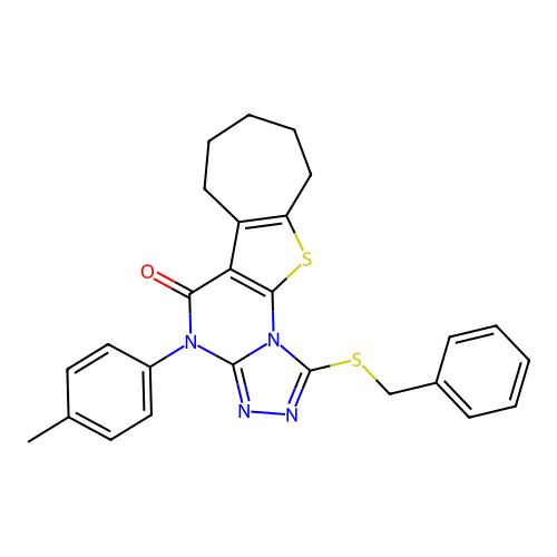 1-(benzylsulfanyl)-4-(4-methylphenyl)-7,8,9,10-tetrahydro-6H-cyclohepta[4,5]thieno[3,2-e][1,2,4]triazolo[4,3-a]pyrimidin-5(4H)-one structure