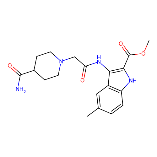 methyl 3-(2-(4-carbamoylpiperidin-1-yl)acetamido)-5-methyl-1H-indole-2-carboxylate structure