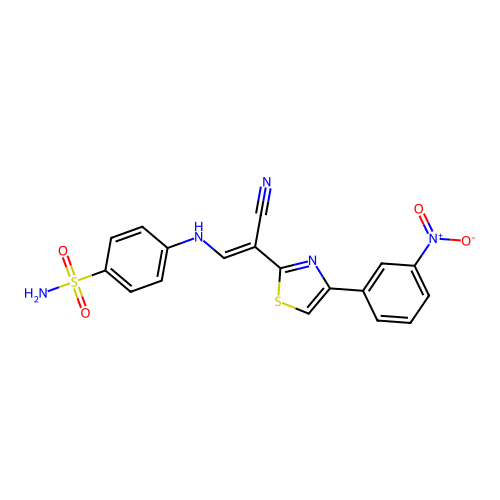 (E)-4-((2-cyano-2-(4-(3-nitrophenyl)thiazol-2-yl)vinyl)amino)benzenesulfonamide structure