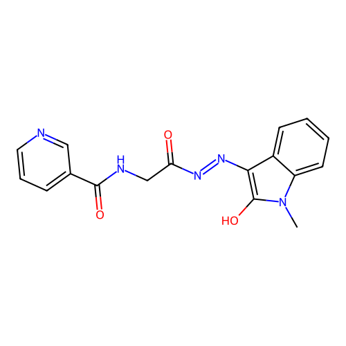 (Z)-N-(2-(2-(1-methyl-2-oxoindolin-3-ylidene)hydrazinyl)-2-oxoethyl)nicotinamide structure
