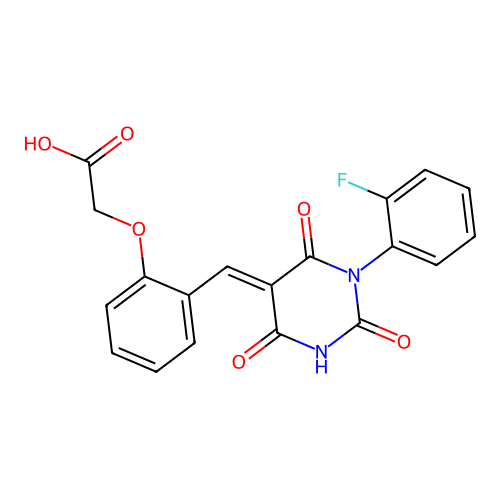 (E)-2-(2-((1-(2-fluorophenyl)-2,4,6-trioxotetrahydropyrimidin-5(2H)-ylidene)methyl)phenoxy)acetic acid structure