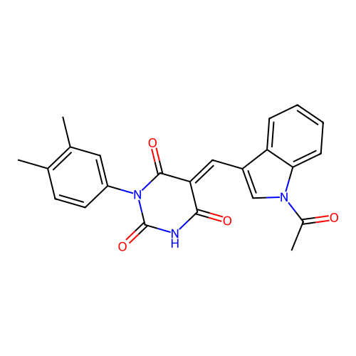 (5E)-5-[(1-acetyl-1H-indol-3-yl)methylidene]-1-(3,4-dimethylphenyl)pyrimidine-2,4,6(1H,3H,5H)-trione structure