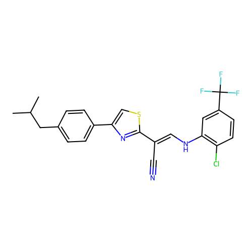 (E)-3-((2-chloro-5-(trifluoromethyl)phenyl)amino)-2-(4-(4-isobutylphenyl)thiazol-2-yl)acrylonitrile structure