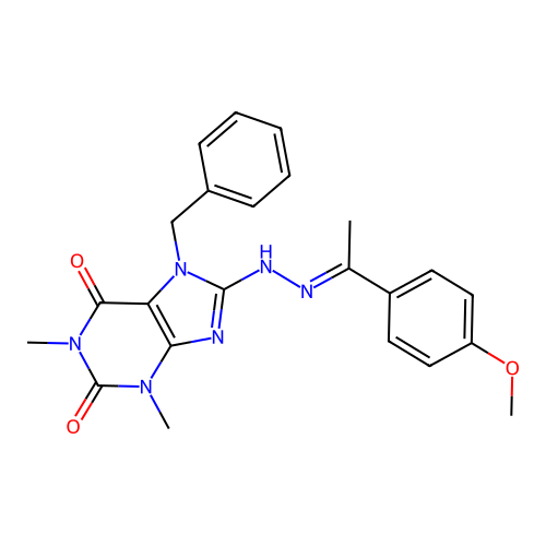 7-benzyl-8-[2-[1-(4-methoxyphenyl)ethylidene]hydrazinyl]-1,3-dimethyl-purine-2,6-dione structure