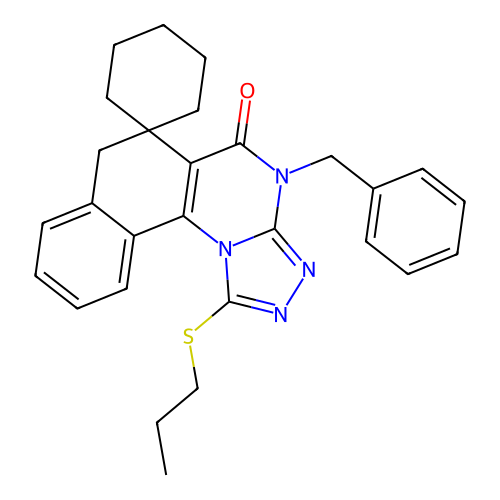 4-benzyl-1-(propylsulfanyl)-4H-spiro[benzo[h][1,2,4]triazolo[4,3-a]quinazoline-6,1'-cyclohexan]-5(7H)-one structure