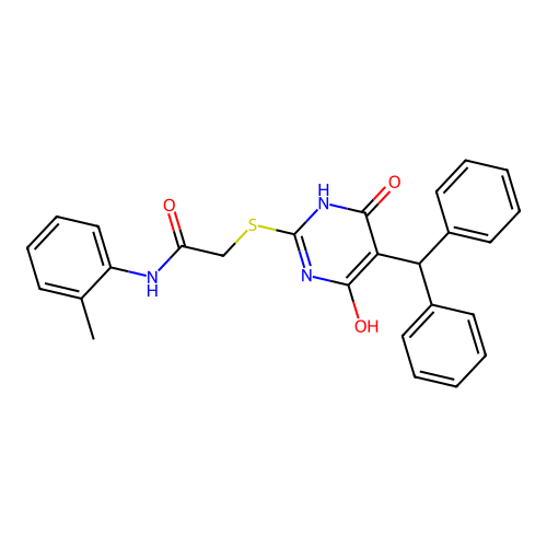 2-((5-benzhydryl-4-hydroxy-6-oxo-1,6-dihydropyrimidin-2-yl)thio)-N-(o-tolyl)acetamide structure