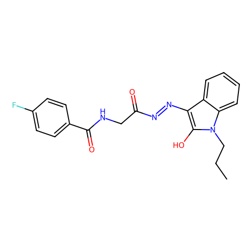 (Z)-4-fluoro-N-(2-oxo-2-(2-(2-oxo-1-propylindolin-3-ylidene)hydrazinyl)ethyl)benzamide structure