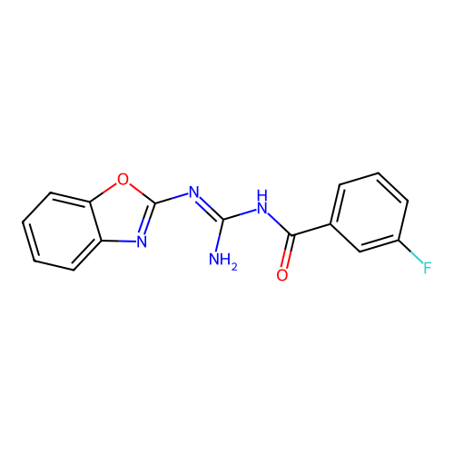 N-[(E)-amino(1,3-benzoxazol-2-ylamino)methylidene]-3-fluorobenzamide structure
