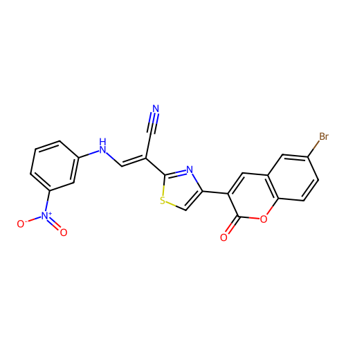 (2E)-2-[4-(6-bromo-2-oxo-2H-chromen-3-yl)-1,3-thiazol-2-yl]-3-[(3-nitrophenyl)amino]prop-2-enenitrile structure