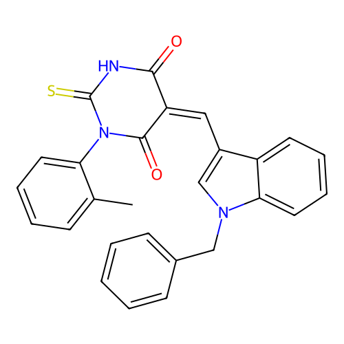 (Z)-5-((1-benzyl-1H-indol-3-yl)methylene)-2-thioxo-1-(o-tolyl)dihydropyrimidine-4,6(1H,5H)-dione structure