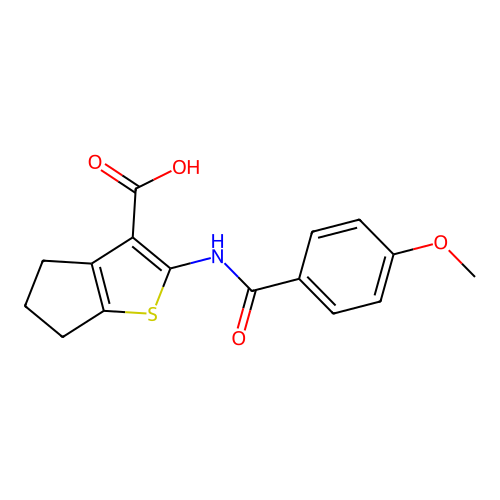 2-{[(4-methoxyphenyl)carbonyl]amino}-5,6-dihydro-4H-cyclopenta[b]thiophene-3-carboxylic acid structure