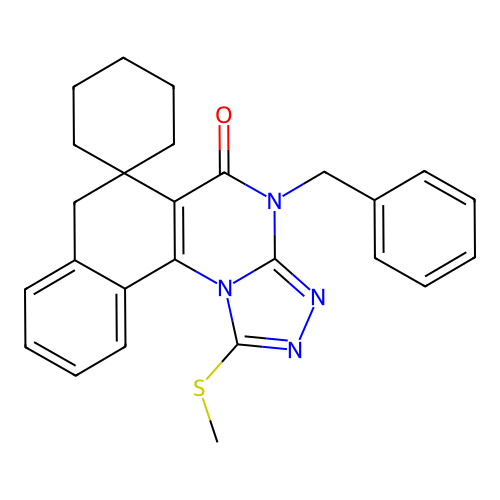 4-benzyl-1-(methylsulfanyl)-4H-spiro[benzo[h][1,2,4]triazolo[4,3-a]quinazoline-6,1'-cyclohexan]-5(7H)-one structure
