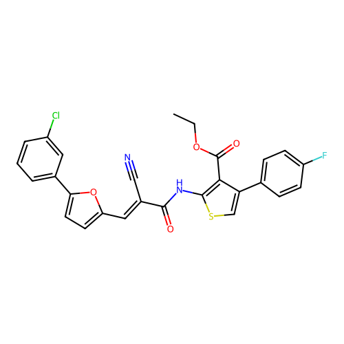 (E)-ethyl 2-(3-(5-(3-chlorophenyl)furan-2-yl)-2-cyanoacrylamido)-4-(4-fluorophenyl)thiophene-3-carboxylate structure