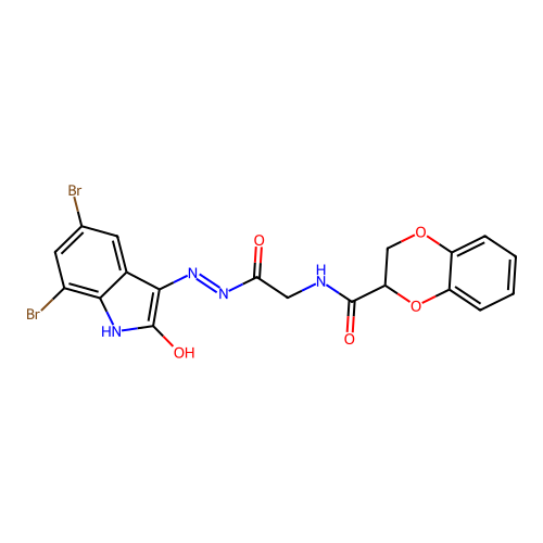 (Z)-N-(2-(2-(5,7-dibromo-2-oxoindolin-3-ylidene)hydrazinyl)-2-oxoethyl)-2,3-dihydrobenzo[b][1,4]dioxine-2-carboxamide structure