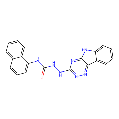 N-(naphthalen-1-yl)-2-(5H-[1,2,4]triazino[5,6-b]indol-3-yl)hydrazinecarboxamide structure