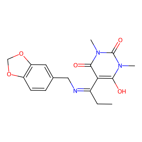 5-(1-((benzo[d][1,3]dioxol-5-ylmethyl)amino)propylidene)-1,3-dimethylpyrimidine-2,4,6(1H,3H,5H)-trione structure
