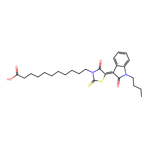 11-[(5Z)-5-(1-butyl-2-oxo-1,2-dihydro-3H-indol-3-ylidene)-4-oxo-2-thioxo-1,3-thiazolidin-3-yl]undecanoic acid structure