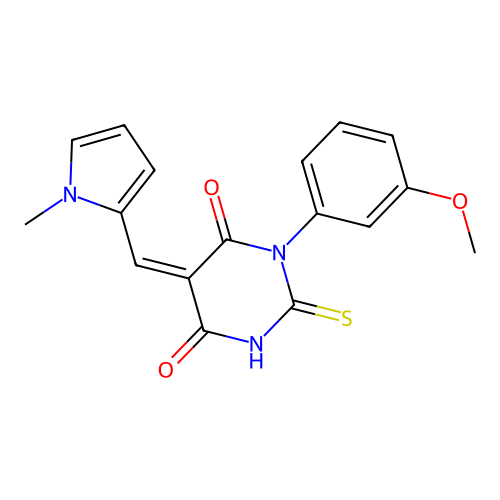 (5Z)-1-(3-methoxyphenyl)-5-[(1-methylpyrrol-2-yl)methylidene]-2-sulfanylidene-1,3-diazinane-4,6-dione structure