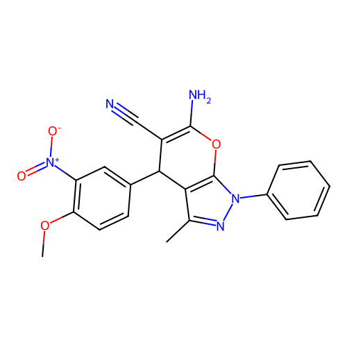 6-amino-4-(4-methoxy-3-nitrophenyl)-3-methyl-1-phenyl-1,4-dihydropyrano[2,3-c]pyrazole-5-carbonitrile structure