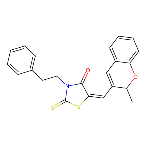 (E)-5-((2-methyl-2H-chromen-3-yl)methylene)-3-phenethyl-2-thioxothiazolidin-4-one structure