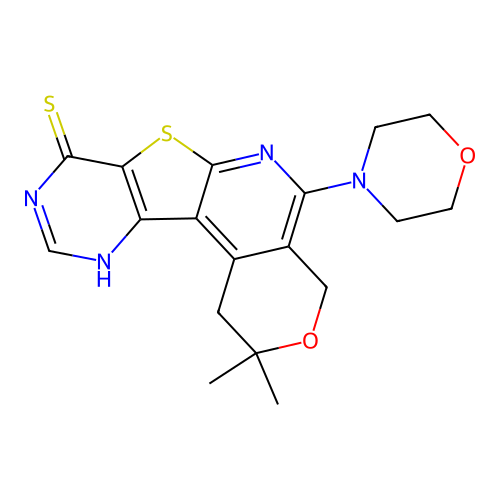 2,2-dimethyl-5-(morpholin-4-yl)-1,4-dihydro-2H-pyrano[4'',3'':4',5']pyrido[3',2':4,5]thieno[3,2-d]pyrimidine-8(9H)-thione structure