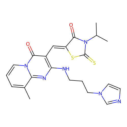(Z)-5-((2-((3-(1H-imidazol-1-yl)propyl)amino)-9-methyl-4-oxo-4H-pyrido[1,2-a]pyrimidin-3-yl)methylene)-3-isopropyl-2-thioxothiazolidin-4-one structure