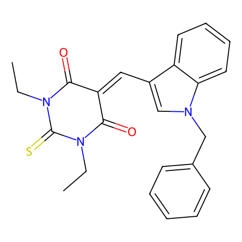 5-[(1-benzylindol-3-yl)methylidene]-1,3-diethyl-2-sulfanylidene-1,3-diazinane-4,6-dione structure
