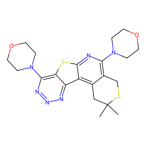 2,2-dimethyl-5,8-di(morpholin-4-yl)-1,4-dihydro-2H-thiopyrano[4'',3'':4',5']pyrido[3',2':4,5]thieno[3,2-d][1,2,3]triazine structure