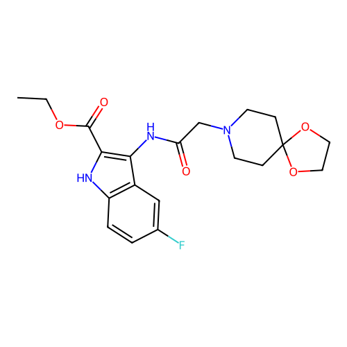 Ethyl 3-[[2-(1,4-dioxa-8-azaspiro[4.5]decan-8-yl)acetyl]amino]-5-fluoro-1H-indole-2-carboxylate structure
