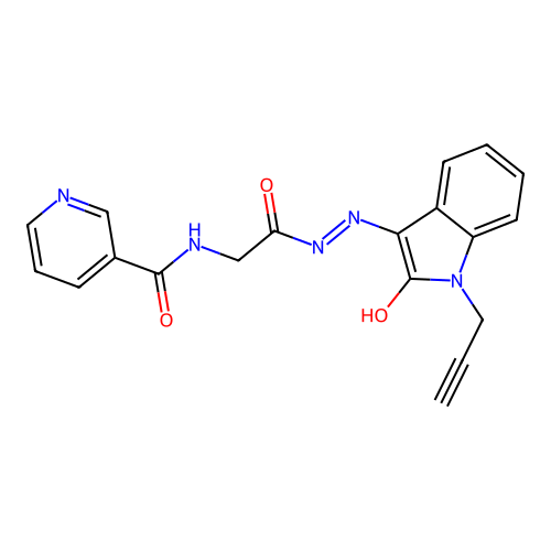 N-[2-oxo-2-[2-(2-oxo-1-prop-2-ynylindol-3-ylidene)hydrazinyl]ethyl]pyridine-3-carboxamide structure