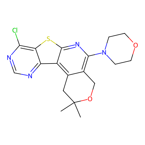8-chloro-2,2-dimethyl-5-(morpholin-4-yl)-1,4-dihydro-2H-pyrano[4'',3'':4',5']pyrido[3',2':4,5]thieno[3,2-d]pyrimidine structure