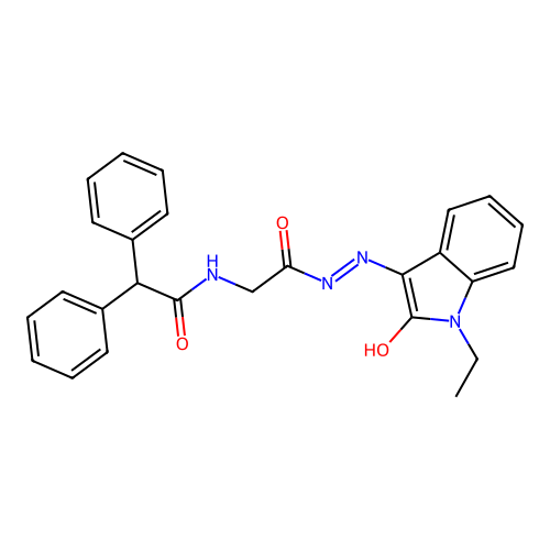 (Z)-N-(2-(2-(1-ethyl-2-oxoindolin-3-ylidene)hydrazinyl)-2-oxoethyl)-2,2-diphenylacetamide structure