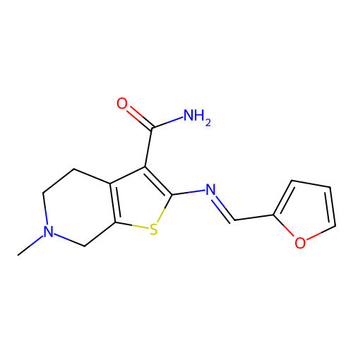 2-(2-furanylmethylideneamino)-6-methyl-5,7-dihydro-4H-thieno[2,3-c]pyridine-3-carboxamide structure