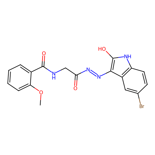 (E)-N-(2-(2-(5-bromo-2-oxoindolin-3-ylidene)hydrazinyl)-2-oxoethyl)-2-methoxybenzamide structure