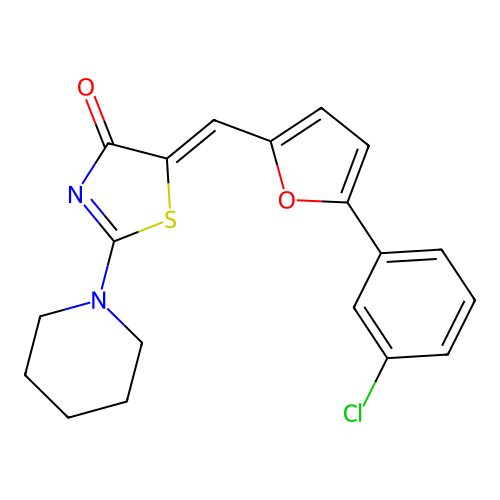 (5Z)-5-[[5-(3-chlorophenyl)furan-2-yl]methylidene]-2-piperidin-1-yl-1,3-thiazol-4-one structure