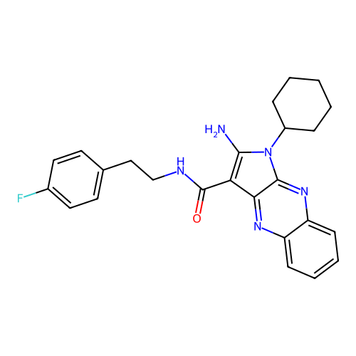 2-amino-1-cyclohexyl-N-(4-fluorophenethyl)-1H-pyrrolo[2,3-b]quinoxaline-3-carboxamide structure