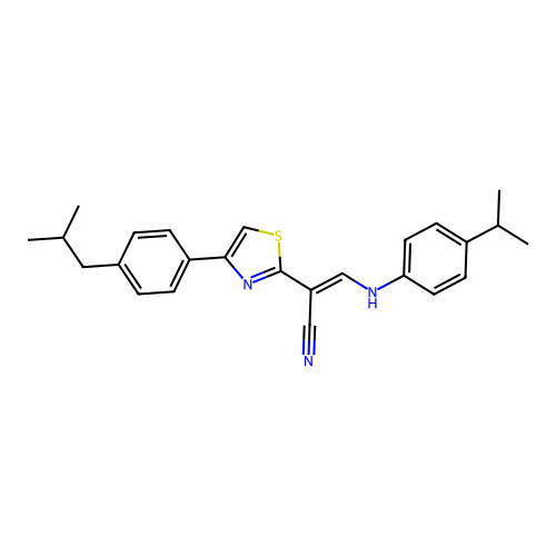 (E)-2-(4-(4-isobutylphenyl)thiazol-2-yl)-3-((4-isopropylphenyl)amino)acrylonitrile structure