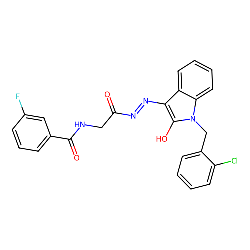 (Z)-N-(2-(2-(1-(2-chlorobenzyl)-2-oxoindolin-3-ylidene)hydrazinyl)-2-oxoethyl)-3-fluorobenzamide structure