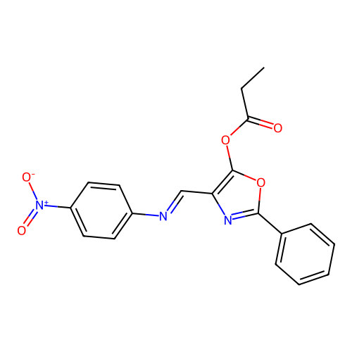 4-{(E)-[(4-nitrophenyl)imino]methyl}-2-phenyl-1,3-oxazol-5-yl propanoate structure