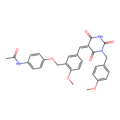 (Z)-N-(4-((2-methoxy-5-((1-(4-methoxybenzyl)-2,4,6-trioxotetrahydropyrimidin-5(2H)-ylidene)methyl)benzyl)oxy)phenyl)acetamide structure