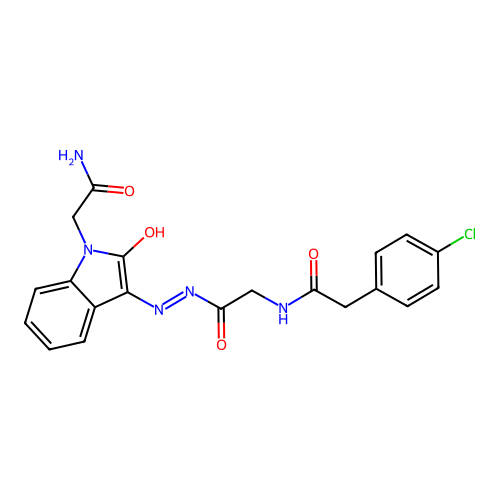 (Z)-N-(2-(2-(1-(2-amino-2-oxoethyl)-2-oxoindolin-3-ylidene)hydrazinyl)-2-oxoethyl)-2-(4-chlorophenyl)acetamide structure