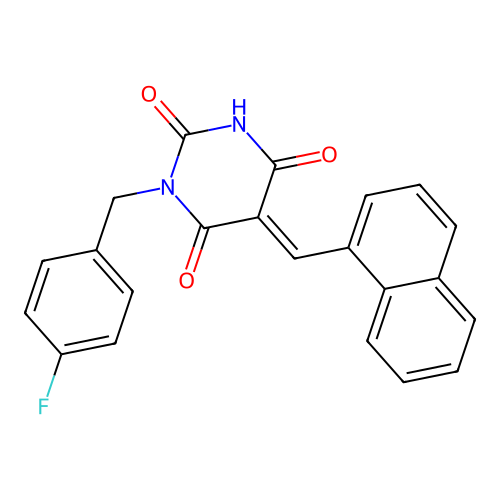 (5E)-1-(4-fluorobenzyl)-5-(naphthalen-1-ylmethylidene)pyrimidine-2,4,6(1H,3H,5H)-trione structure